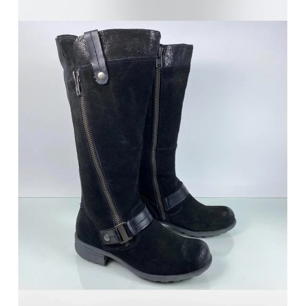 Earth Origins Black Suede Tall Boots Women Mixed Media Buckle Strap Zip Size 8